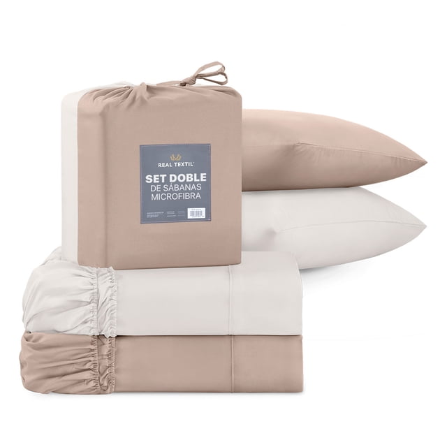 Sábanas 2 Juegos de Microfibra Suaves y Frescas, Real Textil (Taupe y Marfil, Individual)