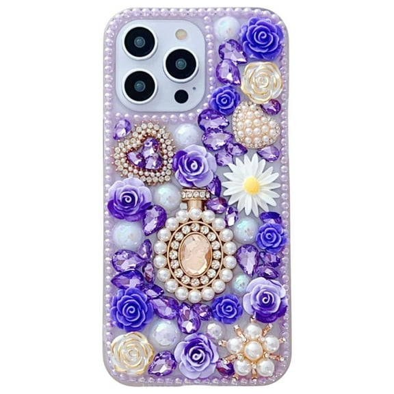 SaniMore Case for iPhone 15 Pro (6.1 inch 2023 Release), 3D Pearls & Flower Love Heart Backplane Luxury Sparkle Girly Protective Shockproof Anti-drop Silicone Clear For iPhone 15 Pro, Purple