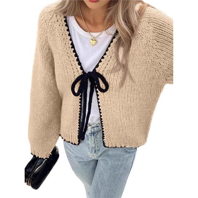 Suéteres Tipo Cárdigan con Lazo para Mujer, de Punto Grueso, con Mangas Largas Abullonadas, Modernos Abrigos para Otoño e Invierno. Marrón S