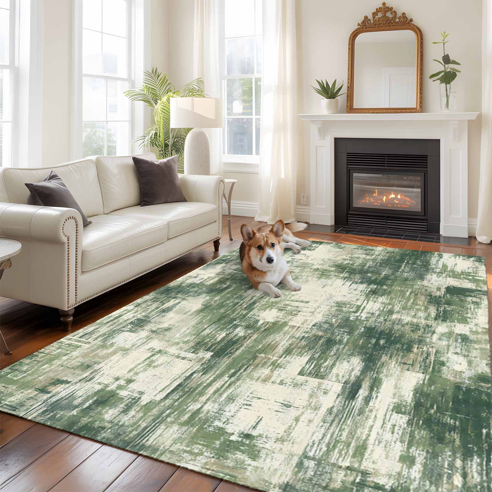 Area Rug for Living Room, Sage Green Ombre Non-Slip Indoor Large Carpet for Bedroom/Dining Room, Gradient Abstract Art Vintage Washable Low-Profile Rectangle Floor Runner Rugs - 5 x 7 Ft