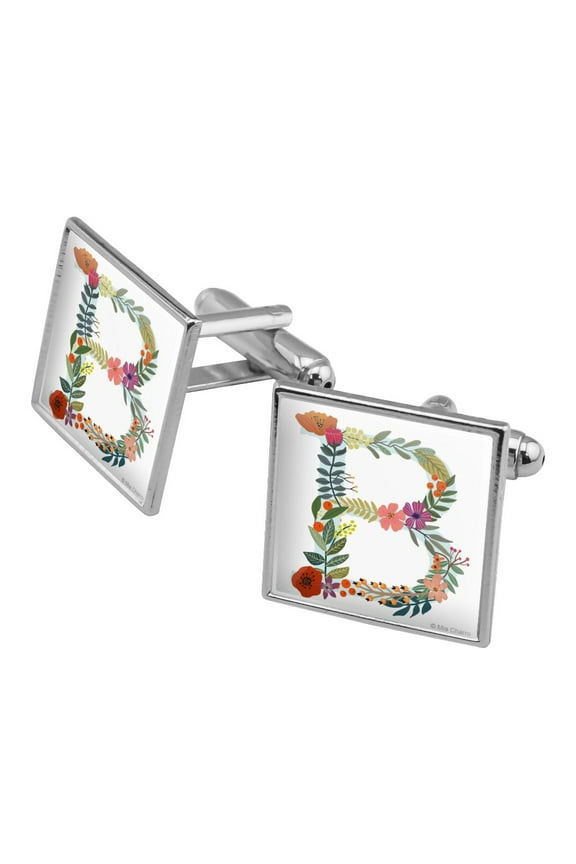 Letter B Floral Monogram Initial Square Cufflink Set - Silver or Gold