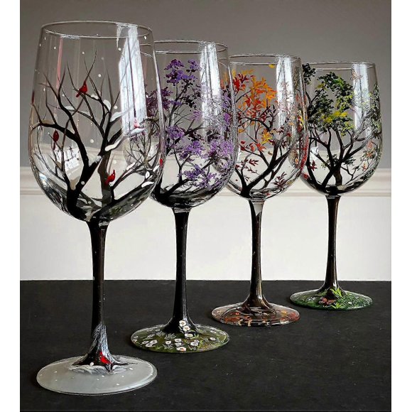 Four Seasons Tree Wine Glasses Spring Summer Winter Fall Set Of Four Hand Painted Art Unique Wedding ZD Y--