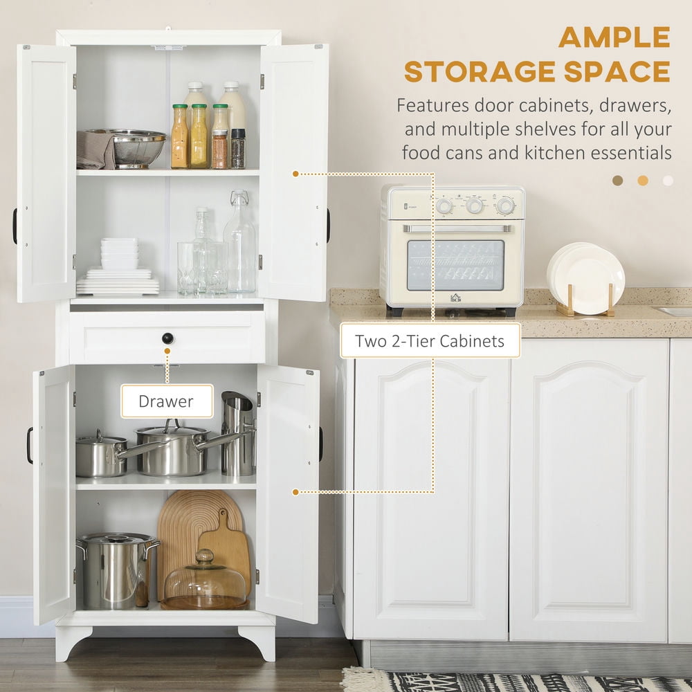 GVN Kitchen Pantry,67" 4-Door Kitchen Pantry with Drawer and Adjustable Shelves, White