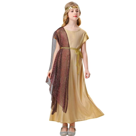 Huvoen Girl's Gold Dress for Halloween & Egyptian Cosplay,Medieval Vintage Short Sleeves Dresses with Belt Victorians Maxi Skirt Khaki 130