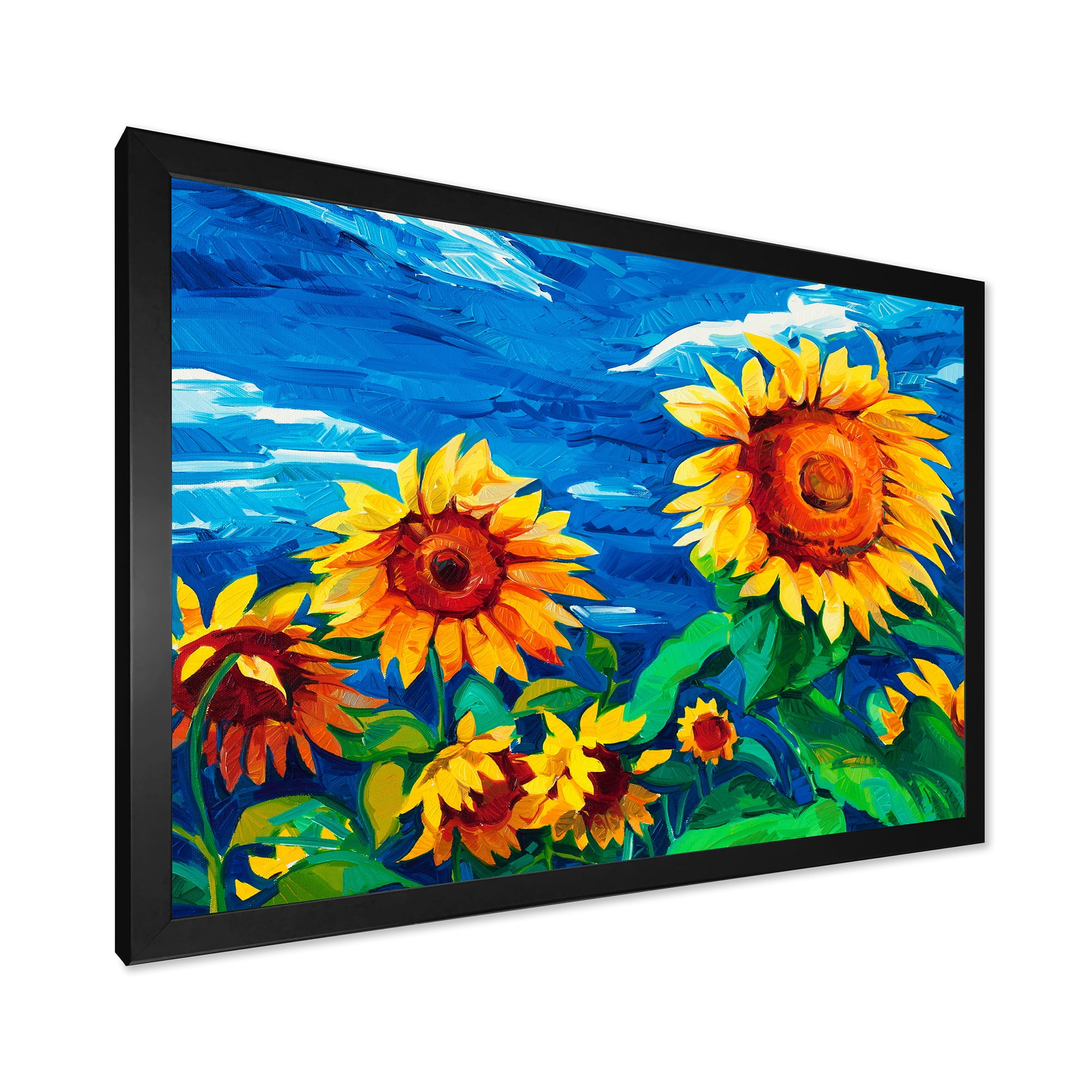 Designart 'Sunflowers Field Under A Bright Blue Sky' Traditional Framed Art Print