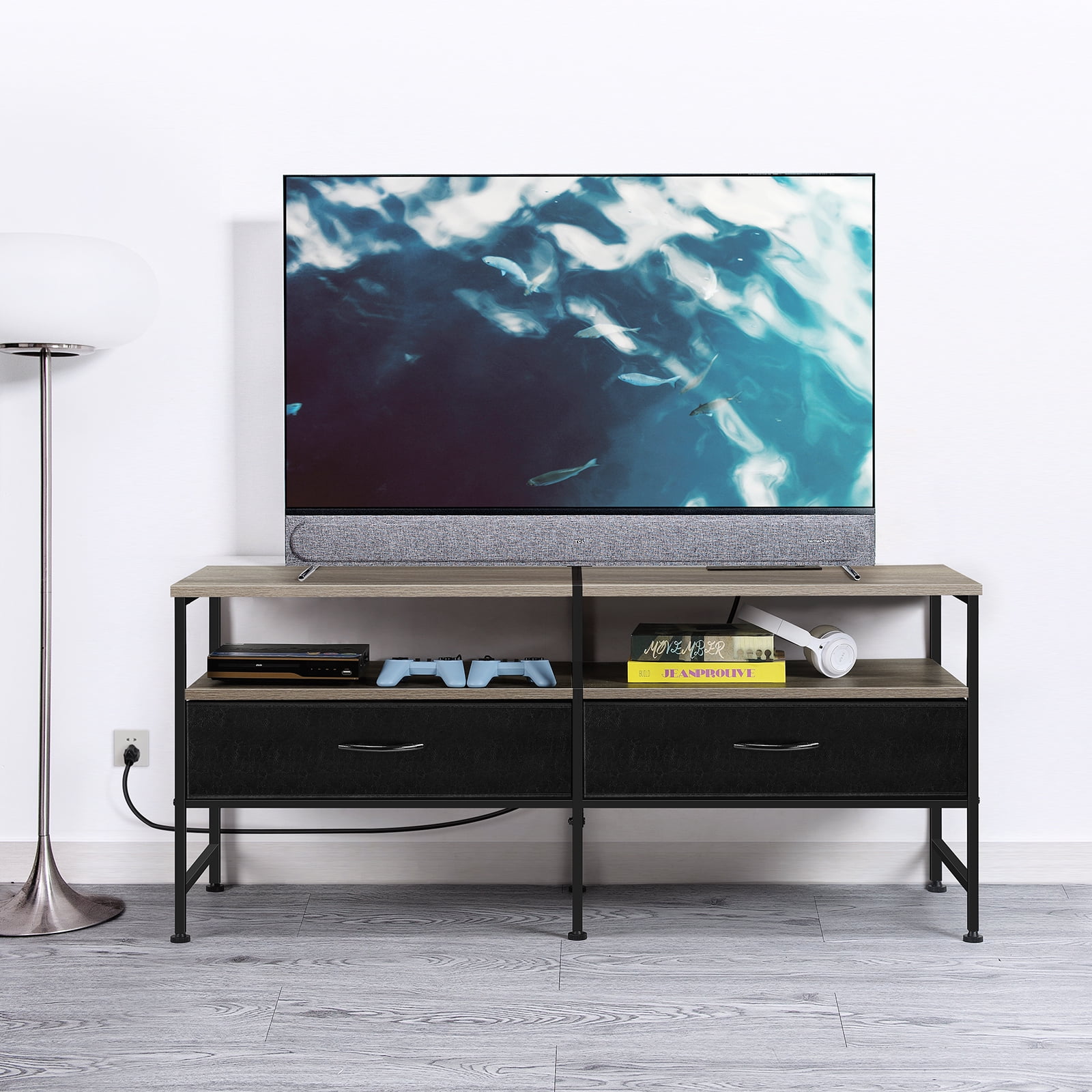 47.2"L TV Cabinet Industrial TV Cabinet with Fabric for Living Room, Bedroom With Charging Stake Gray