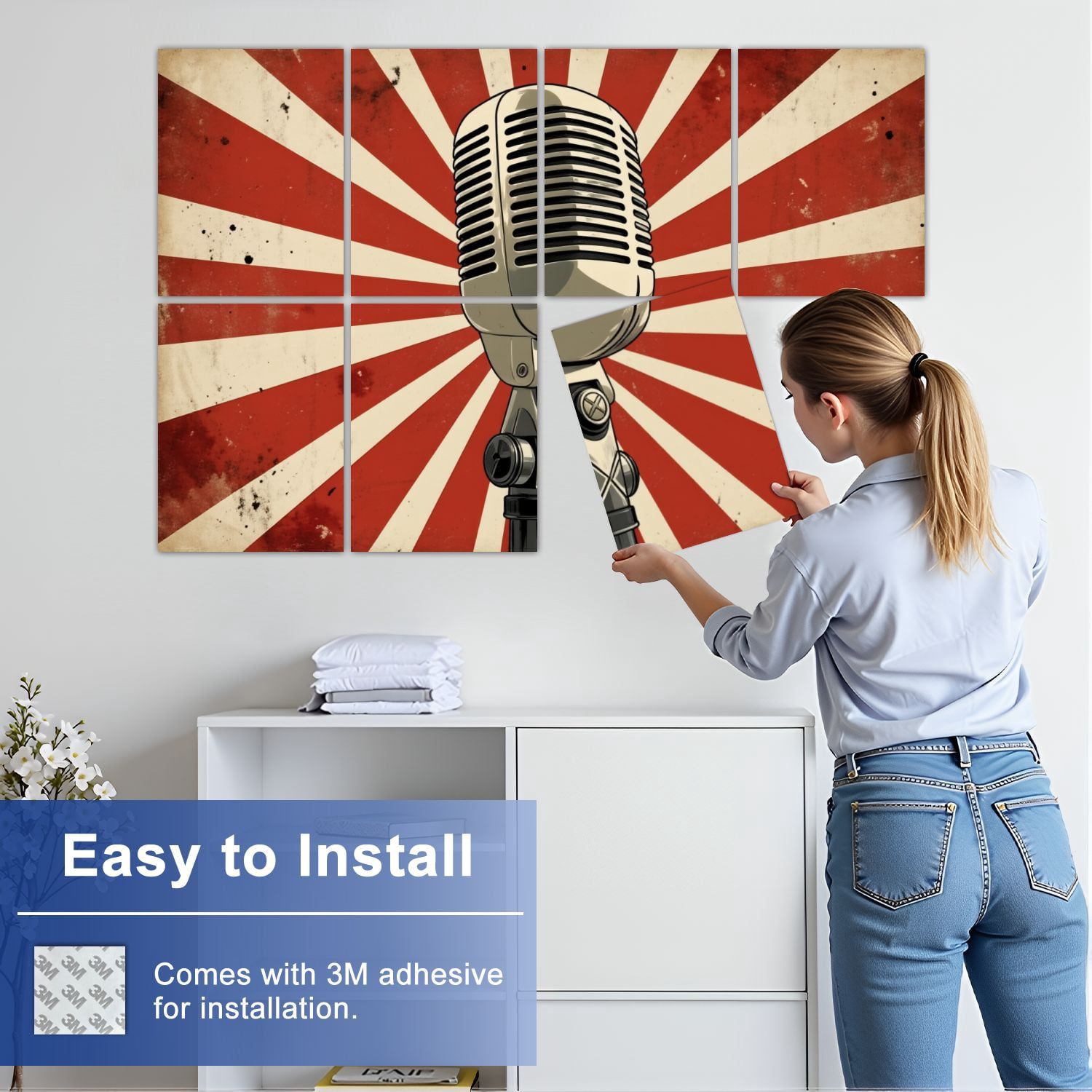 Musical 8 Pack Art Acoustic Panels Sound Absorbing Retro Vintage Microphone Red White Sunburst Decorative Soundproof Wall Panels Self Adhesive for Nursery Game Room Music Classroom 48"x32"