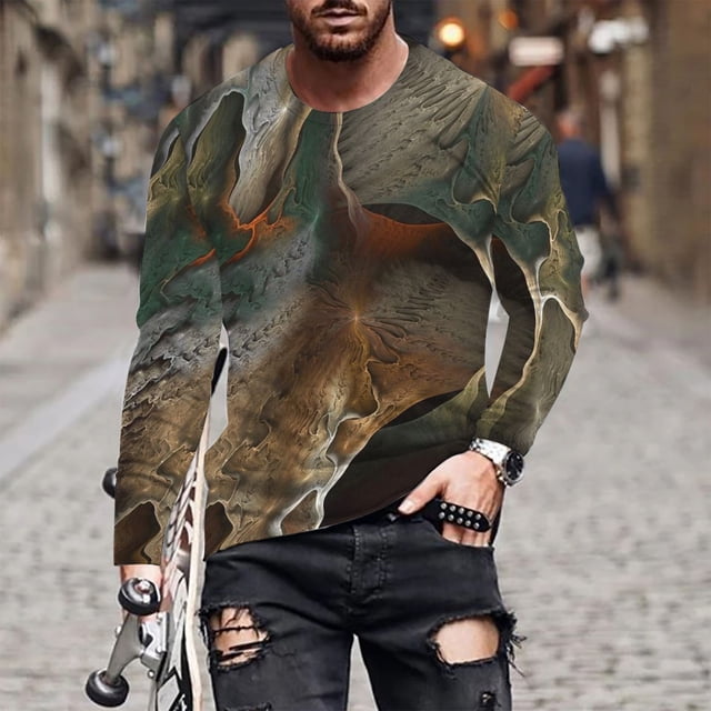 Meichang T-Shirt à Manches Longues pour Homme Graphique, T-Shirts Graphiques pour Hommes Tendance à Impression 3D T-Shirts Amusants à Col Rond Chandails de Gym à Manches Longues pour Hommes