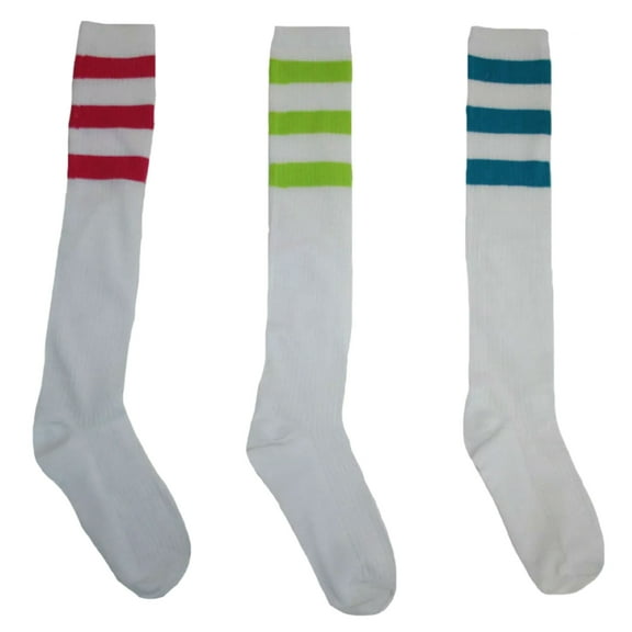 Old School Tube Socks 3 Pack, White with Stripes (9-11)