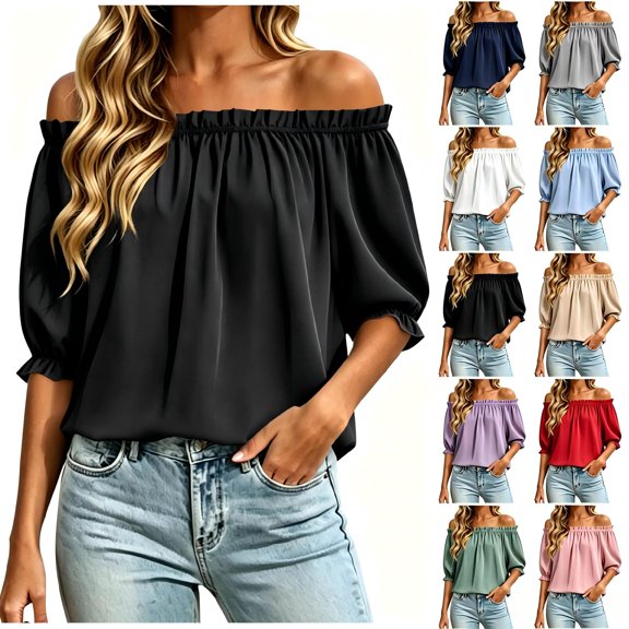 Tqcoqu Women's Solid Off Shoulder Ruffle Elastic 3/4 Puff Sleeve Blouse,Loose Flowy Summer Casual Pullover Top,Black Women's S-XXL