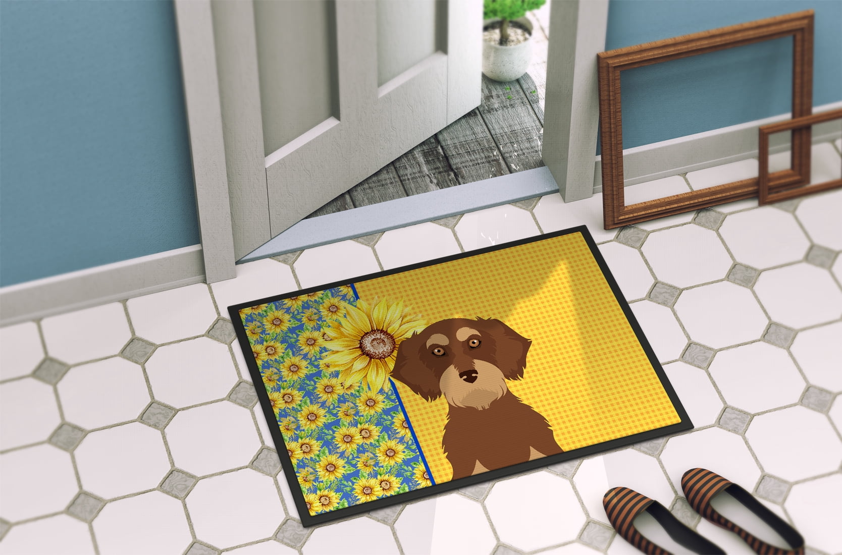 Summer Sunflowers Wirehair Red and Tan Dachshund Indoor or Outdoor Mat 24x36 36 in x 24 in