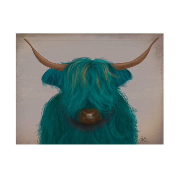 Fab Funky 'Highland Cow 3 Turquoise Portrait' Canvas Art