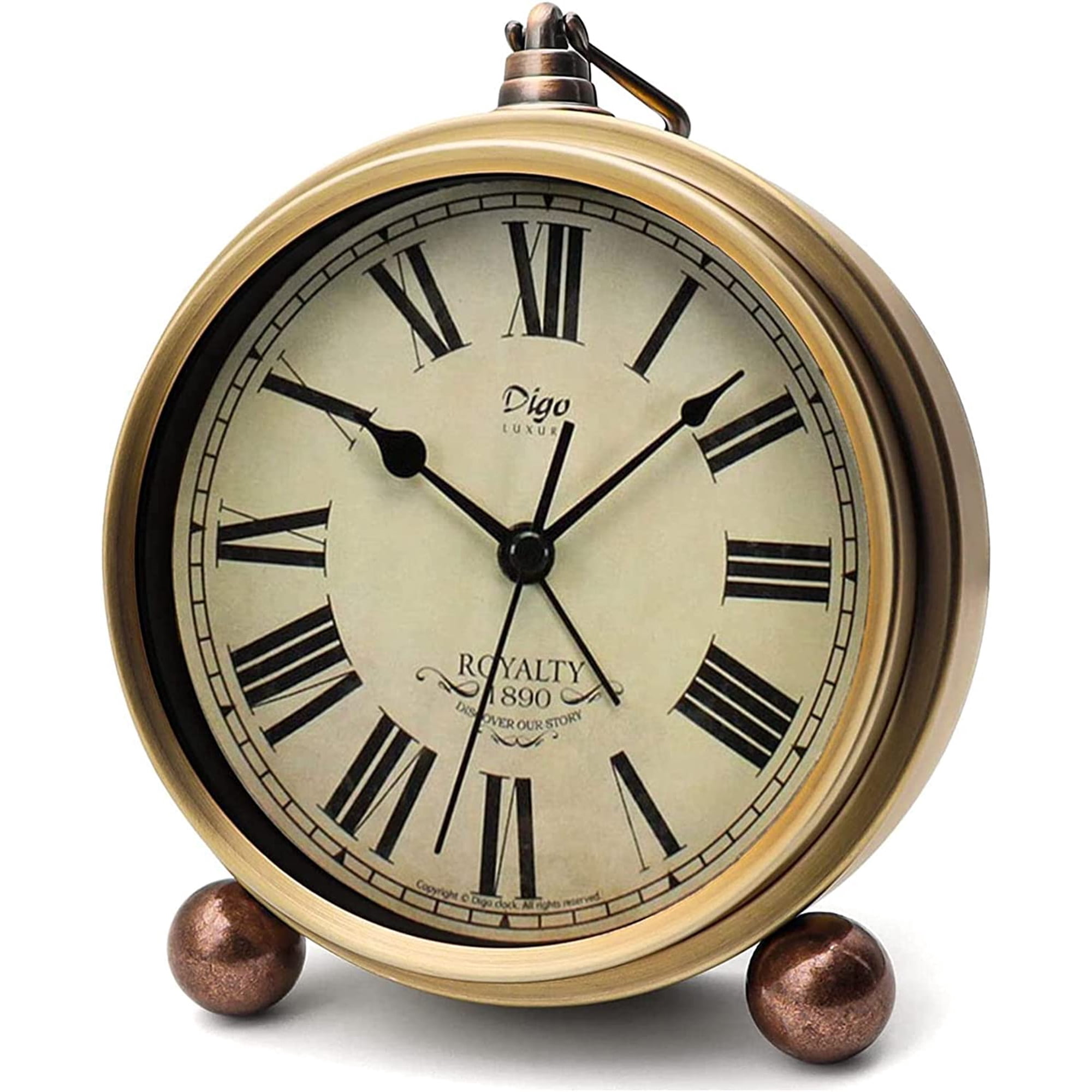 Retro Vintage Metal Golden Small Alarm Clock, Non-Ticking Silent Quartz Movement Battery Operated with HD Glass, Desk Clock for Bedroom, Living Room, and Kids Indoor Decor(Roman2)