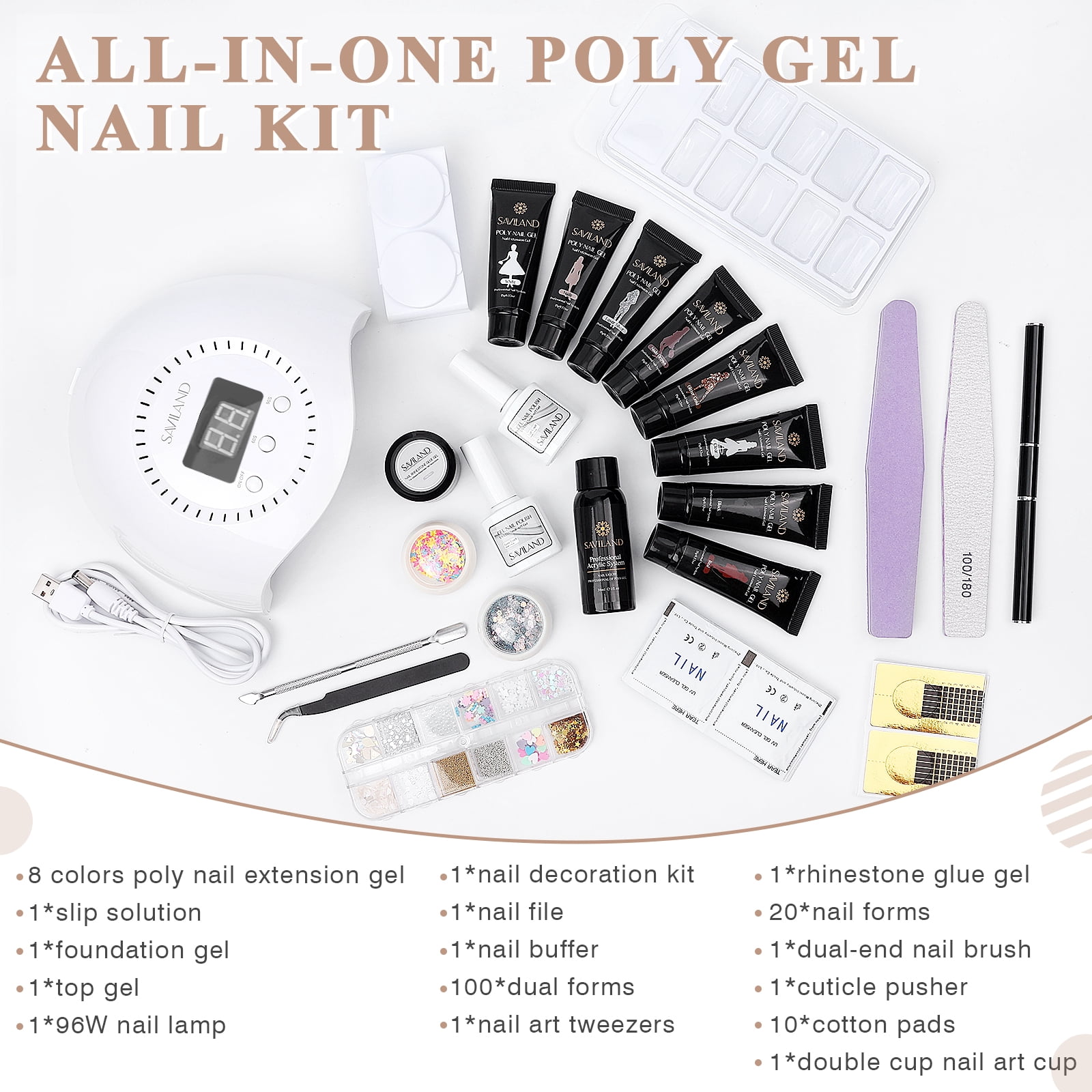 Saviland Poly Gel Nail Kit: 8 Colors Glitter Gel Nail Extensions White Black Silver with 96W UV Nail Lamp, Base & Top Gel and Nail Tools, Complete All in One Manicure Beginner Kit