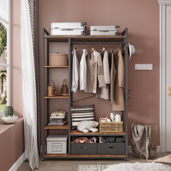 Saim Organized Garment Rack with Storage, Free-Standing Closet System with Open Shelves and Hanging Rod(Rustic Brown,43.7w x 15.75d x 70.08h).