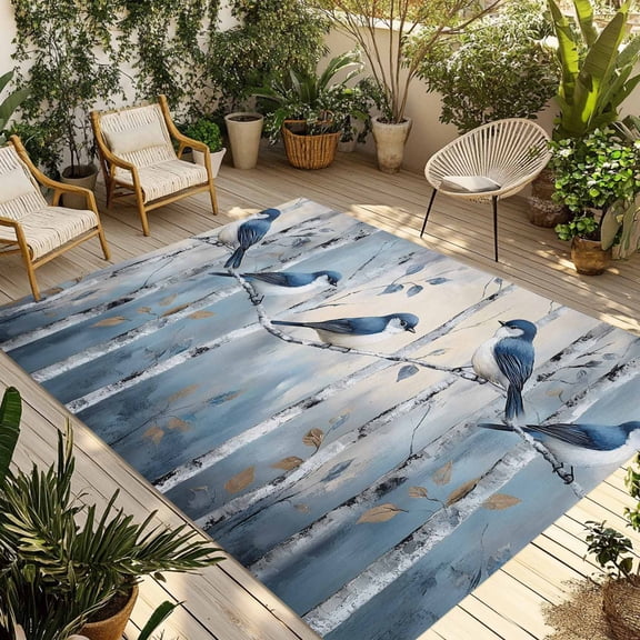 Teal Forest Birds Outdoor Rug 5x8 Ft - Reversible Patio Rug Outdoor Camping Rugs, Modern Oil Painting Farmhouse Washable Indoor Outdoor Area Rugs, Non-Slip Outdoor Carpet Runner for Deck/Porch