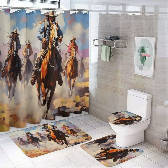 Vintage Western Cowboy 4 Piece Shower Curtain Sets, with Non-Slip Rugs, Toilet Lid Cover And Bath Mat, for Bathroom Decor Set