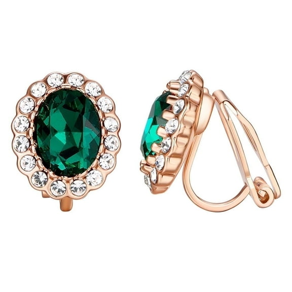 Yoursfs Green Clip on Earrings for Women Oval CZ Halo Clip Earring Austria Crystal Gold Plated Zircon Jewelry