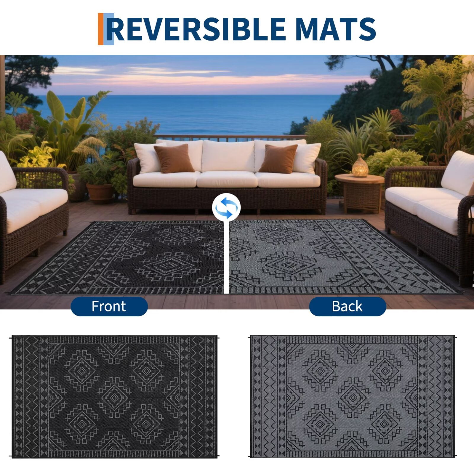 GlowSol 9'x18' Outdoor Rug Boho Geometric Plastic Straw Rug Waterproof Reversible Mat Outdoor Foldable Rug for Camping Patio Picnic, Black Gray