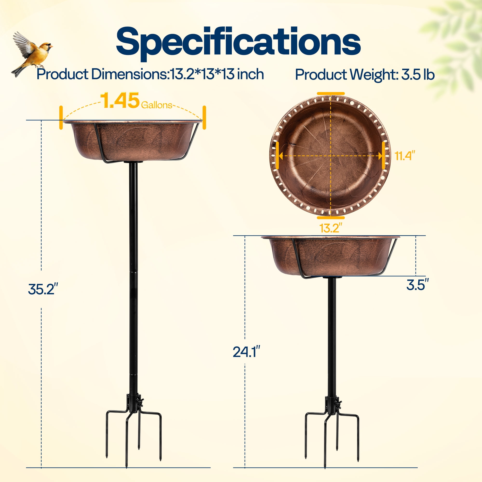 SPECSTAR Bird Bath for Outside, Outdoor 13'' Birdbath Bowl with Metal Ground Stake, Weather-Resistant ABS Bird Bath and Feeder for Garden, 1.45 Gallons, Bronze