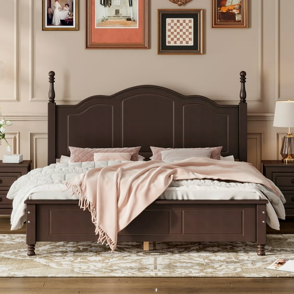 Noble house Queen Size Wood Platform Bed Frame,Retro Style Platform Bed,Dark Walnut