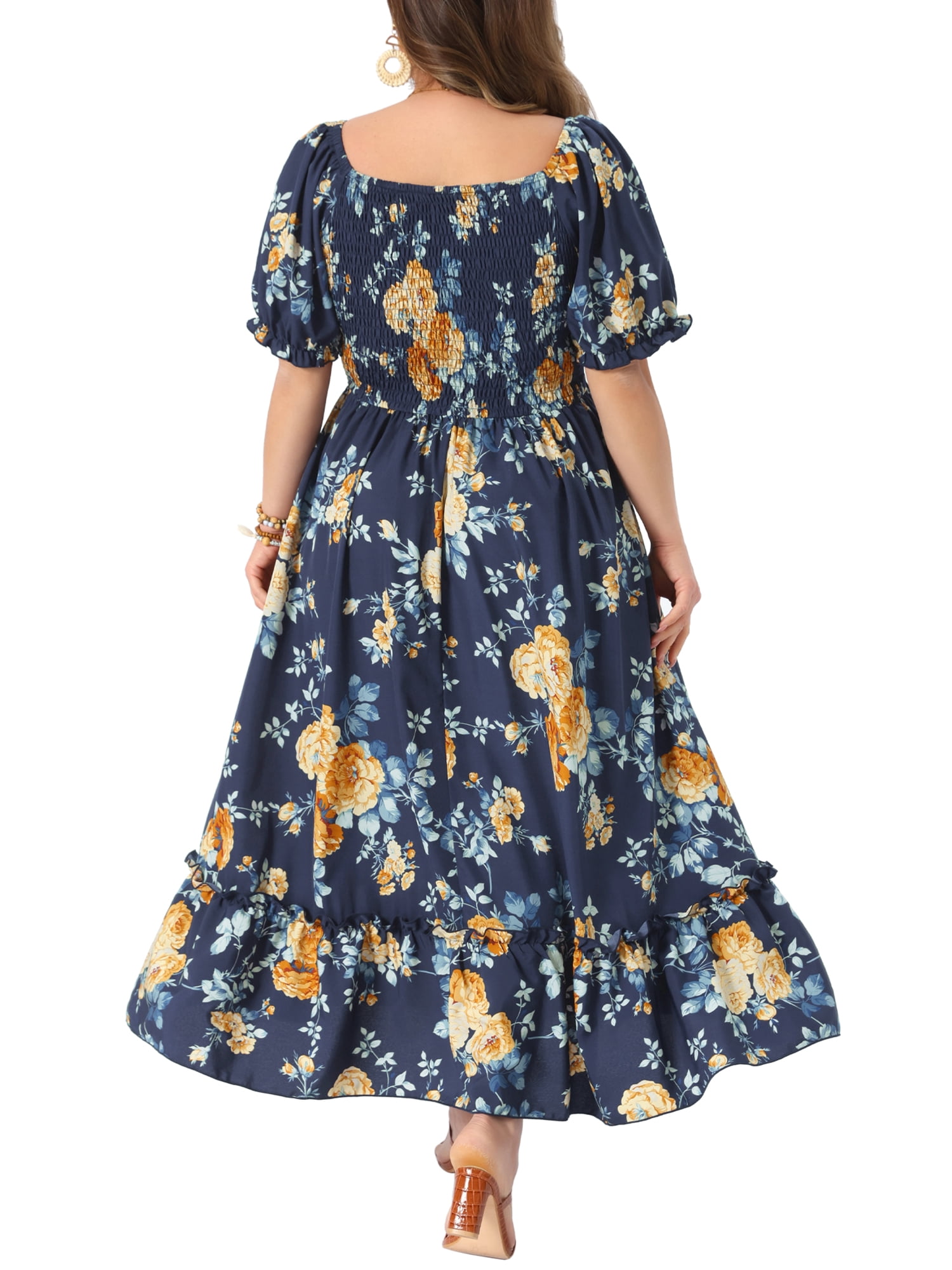 DARING DIVA Women's Plus Size Short Sleeve Square Neck Maxi Floral Dress 4X Navy Blue