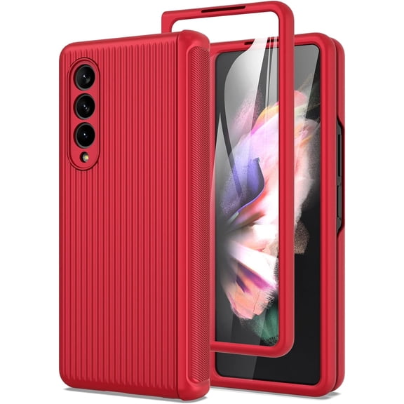 Samsung Galaxy Z Fold 3 5G Case with Hinge Protection, Built-in Tempered Glass Screen Protector, Slim Fit 3D Non-Slip Texture 360 Degree Shockproof Phone Cover (Red)