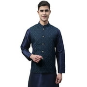 Maple Clothing Men's Nehru Jacket Sleeveless Brocade Outerwear Vest Indian Waistcoat (Navy Blue/Teal, L)