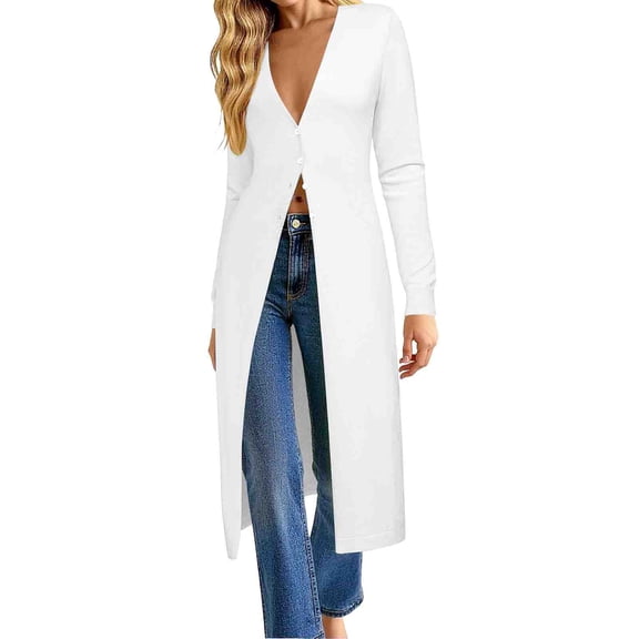 JUUNthy Long Cardigan for Women, Deep V Neck Long Sleeve Slim Fit Button Front Soft Knit Sweater Outerwear White L