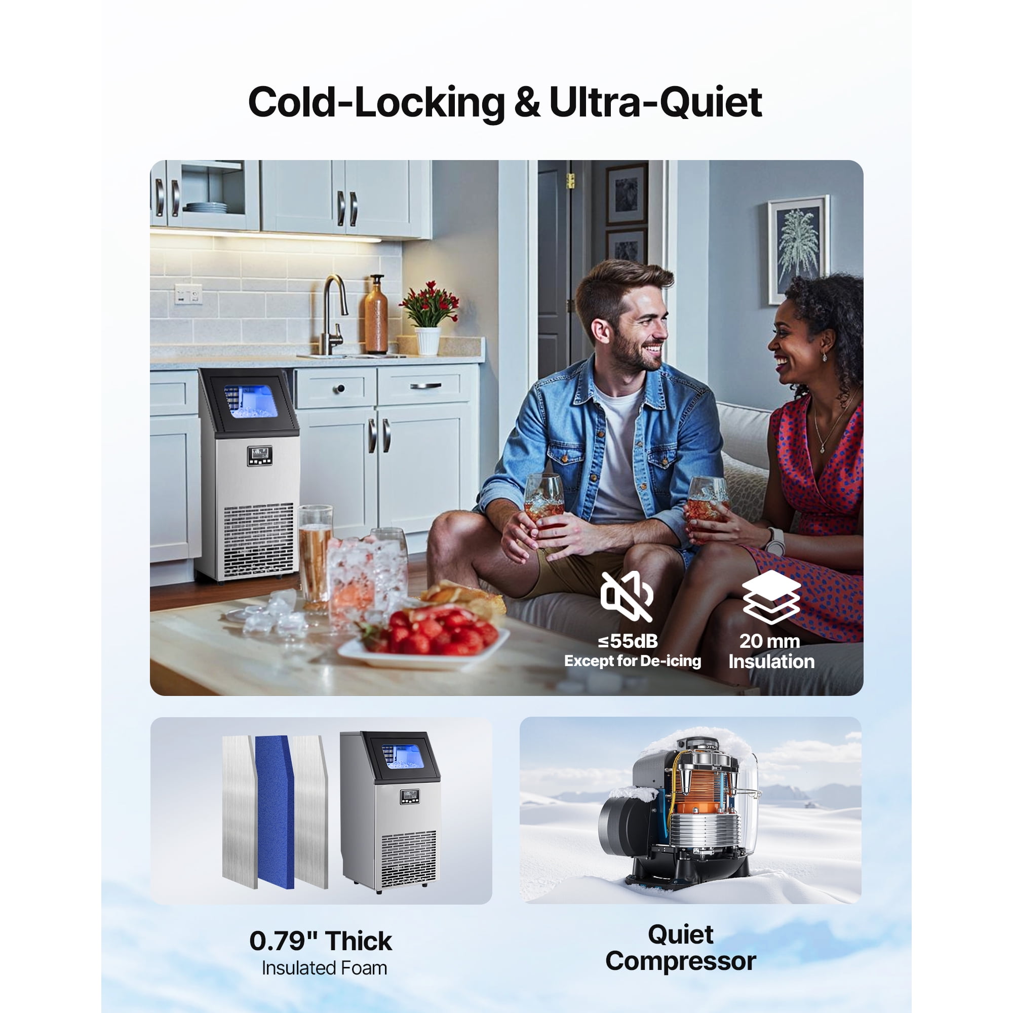 KFFKFF Commercial Ice Maker Machine, 100 lbs/24h Output with 28 lbs Storage, Produces 45 Cubes per Cycle, Stainless Steel Design for Freestanding or Under-Counter Use, Features LED Display