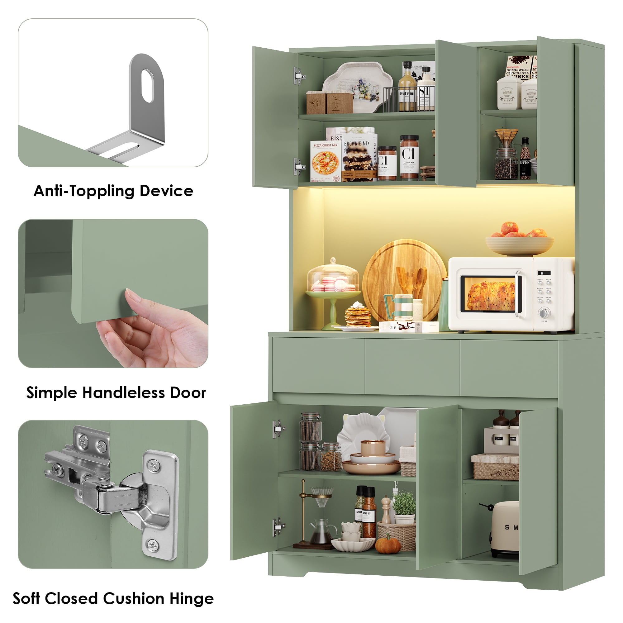 Homfa 70.9'' Tall Kitchen Pantry Cabinet with Charge Station & Led Light, 3 Drawer Storage Cabinet with Adjustable Shelves, Green