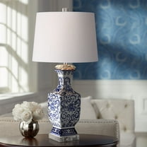 Barnes and Ivy Iris Asian Table Lamp 28" Tall Porcelain Blue Floral Jar Geneva White Drum Shade for Bedroom Living Room Bedside Nightstand Office Kids