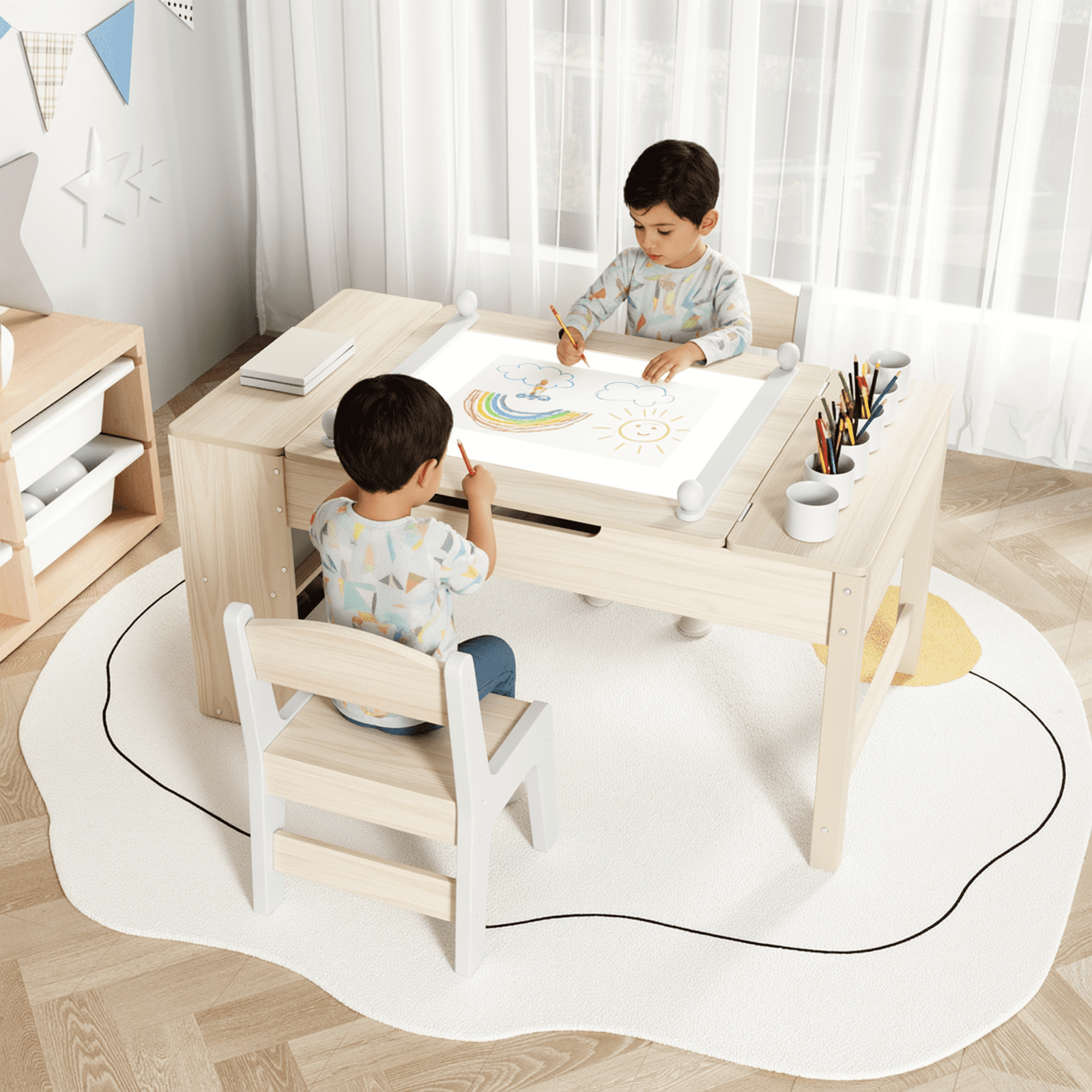 TLSUNNY Kids Art Table and 2 Chairs Set, Toddler Activity Desk with Storage Bins, Paper Roll, Paint Cups, Wooden Craft Table and Chairs Set for Boys & Girls