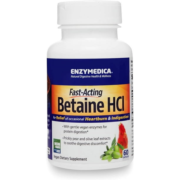 Enzymedica | Betaina HCI, 60 Cápsulas. Suplemento para el alivio de la acidez estomacal y la indigestión.
