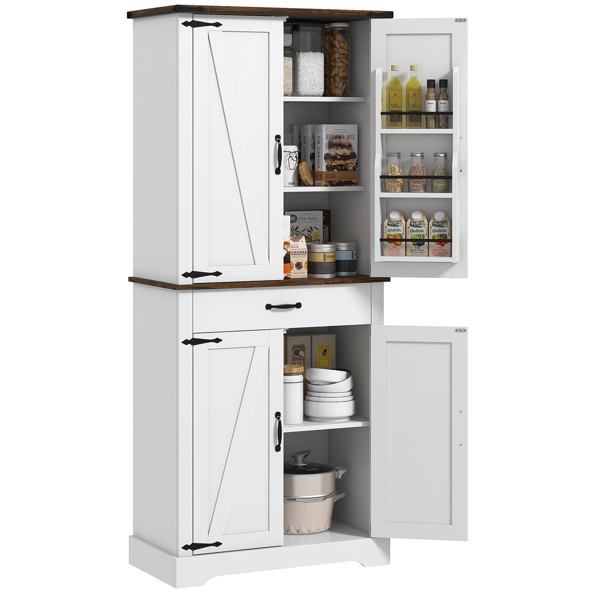 HOMCOM Tall Kitchen Pantry Cabinet, Farmhouse Storage Cabinet with Barn Doors, 6 Door Shelves, Drawer, Adjustable Shelves, Freestanding Cupboard