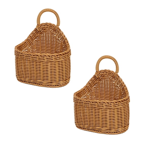2 Pcs Hanging Wicker Baskets for Wall, Wall Hanging Storage Baskets, Oval Wicker Design, Brown PP Kitchen Storage Baskets, Hanging Storage for Kitchen or Home