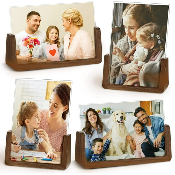 4 Pieces Picture Frame Rustic Wooden Photo Frames with Walnut Wood Base and Acrylic Glass Covers for Tabletop or Desktop Display (4 x 6 Inch,) U-Shape Wood Photo Picture Frame Set