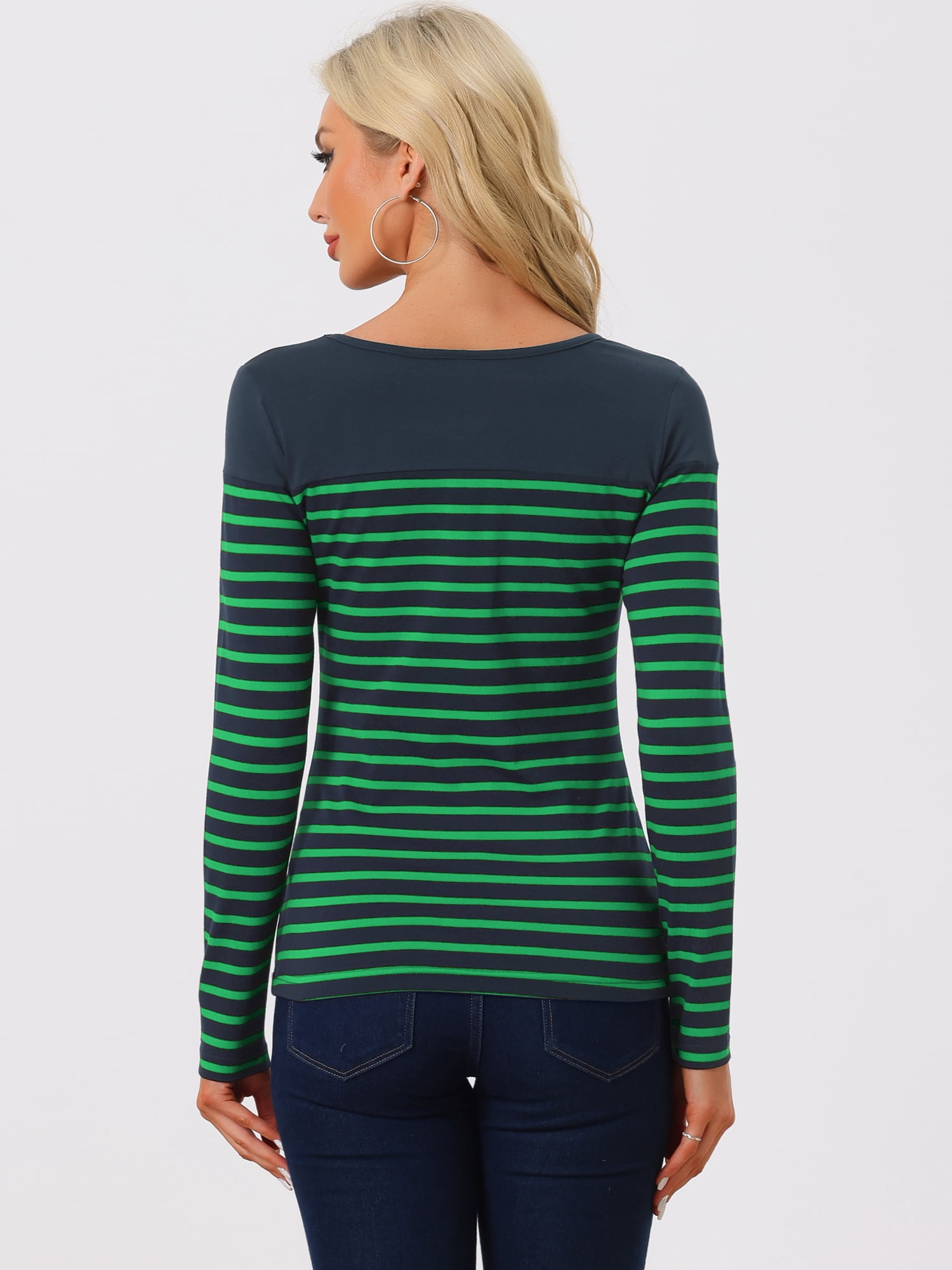 DARING DIVA Women's Color Block Striped Knit Top Long Sleeves T-Shirt M Navy Blue Green
