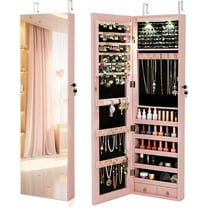 Moccha Wall Door Jewelry Armoire, 47.5" H Full Length Mirrored Jewelry Cabinet with 2 LED Lights and 2 Drawers, Lockable Jewelry Cabinet, Jewelry Organizer Storage for Bedroom, Pink