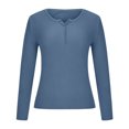 thumbnail image 3 of YUGYXL Oversized T Shirts for Women Vintage Long Sleeve Henley Shirt Button Down Slim Fit Tops Scoop Neck Ribbed Knit Tshirt Blue L, 3 of 7
