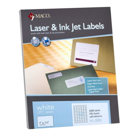 MACML5000 - Maco White All-Purpose Labels, 1-1/2" X 1", 50 Up on 8-1/2" x 11" - Box of 100 Sheets / 5,000 Labels