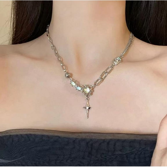 Exquisite Silver Tone Layered Necklace with Opal Like Stones and Star Pendant Silver Chain Necklace for Women Jewelry Christmas Gifts