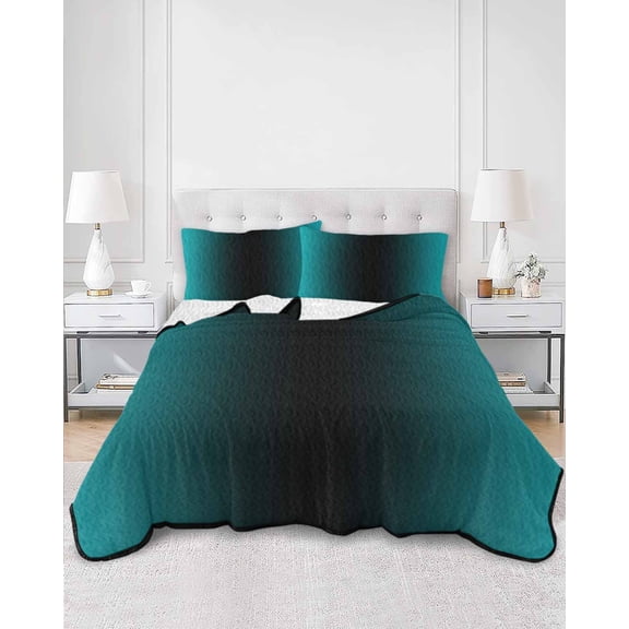 Quilts King Size, Teal Black Ombre Soft Comforter Bedding Set for Bed, Gradient Contemporary Abstract Art Lightweight Quilted Bedspread with Pillow Cover(2 Pieces) for All Season, 96x106 Inch
