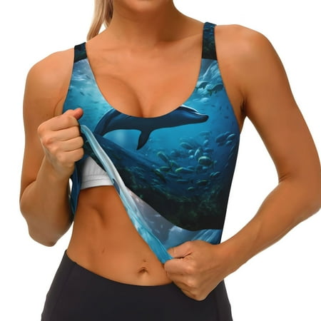 Qokaie Ocean Dolphin Fish School Pattern Womens Scoop Neck Sports Bra Breathable Workout Vest Padded U Back Medium Impact Fitness Gym Yoga Bra Workout Crop Top