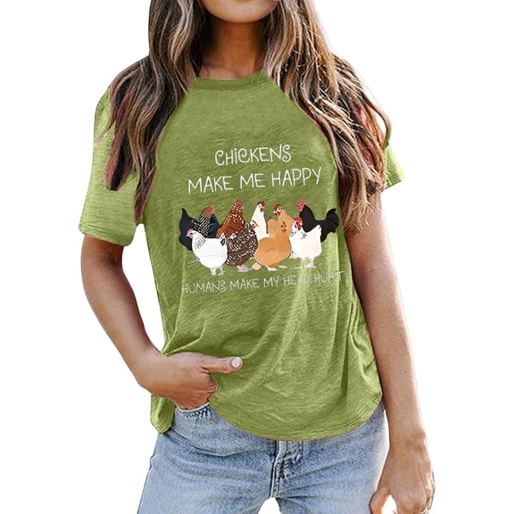 Graphic Tennis Tees for Women T-Shirts Funny Chicken Graphic Tee for Women Casual Short Sleeve Letter Print Top Green 3XL