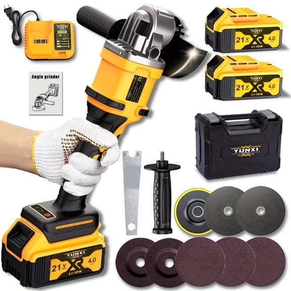 Cordless Angle Grinder with 2 Batteries - Fast Charger -Heavy-Duty Lithium-lon Polisher, Complete Kit with Accessories for Concrete,, Stone, Meta
