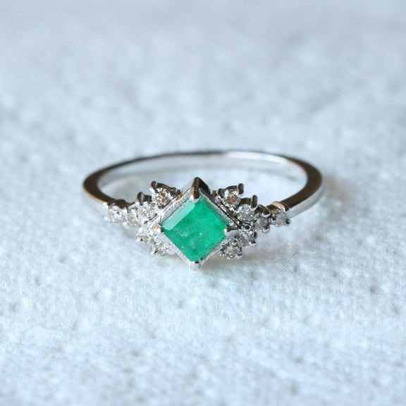Princess Emerald Ring, 925 Sterling Silver Ring, Diamond Cluster Ring, Engagement Ring, Gift For Her, Handmade Jewelry
