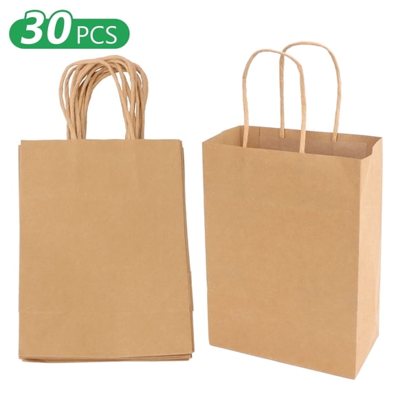 Tripumer 30 Pcs Plain Paper Gift Bags Kraft Paper Bags with Handles 5.9 × 3.1 × 8.2 inch for Wedding Party Favor Grocery Shopping Retail Brown