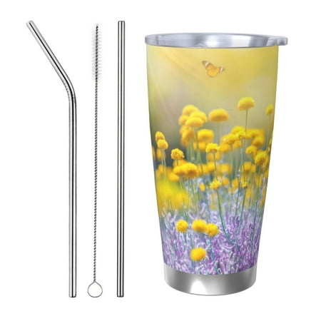

Susaid Flowers And Butterflies Print 20oz Car Cup Insulated Coffee Cup Fully Spill Proof Travel Coffee Mug Stainless Steel Tumbler for Work Home Outdoor Car-Straw Three-piece Set