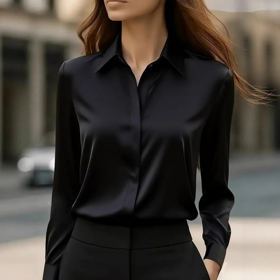WMTBSRSW Women's Blouses Dressy Casual Satin Silk Long Sleeve Shirts Solid Comfortable Lapel Business Casual Button Down Shirt Black Small